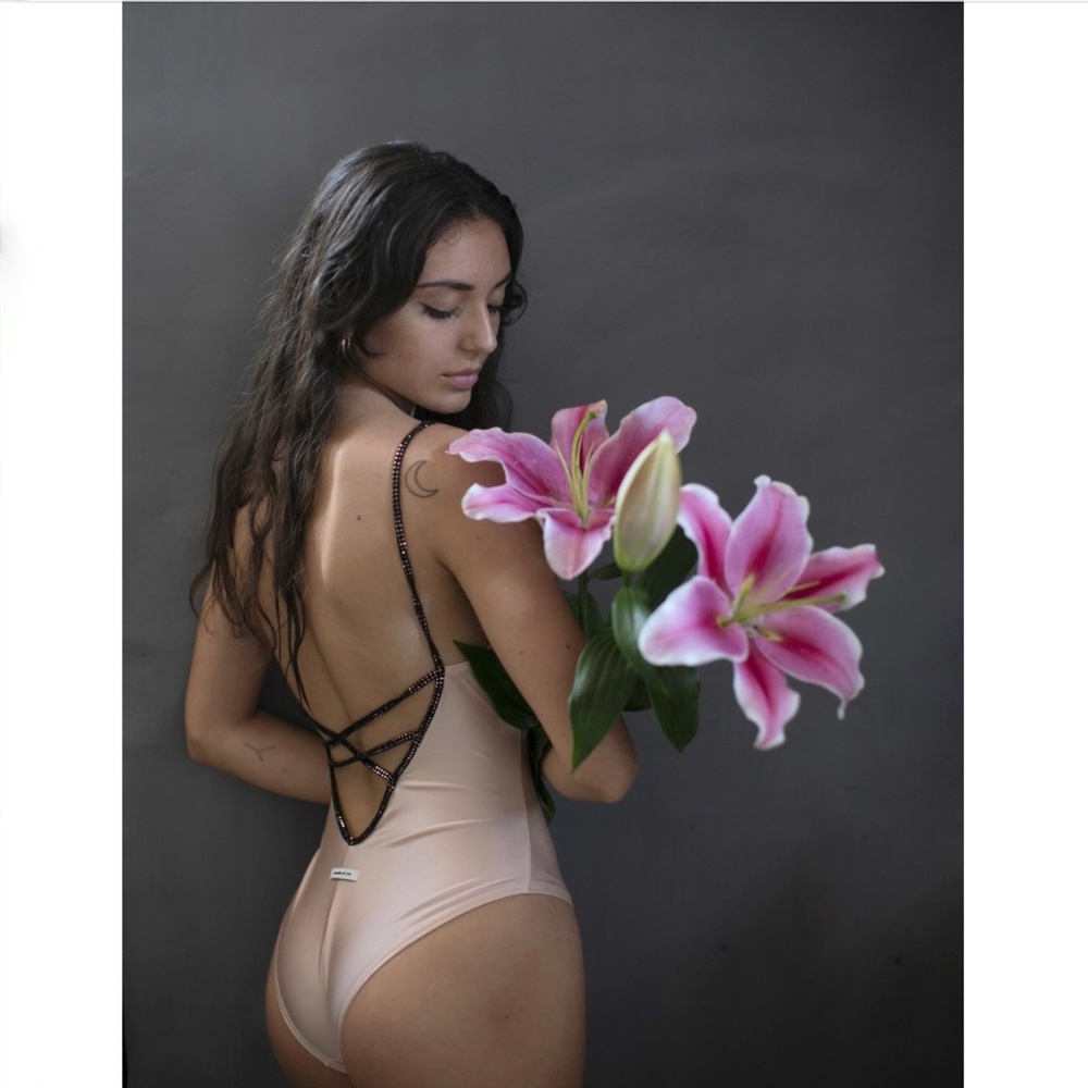 Anniel Nude Pink Crystal strap swimsuit sz M